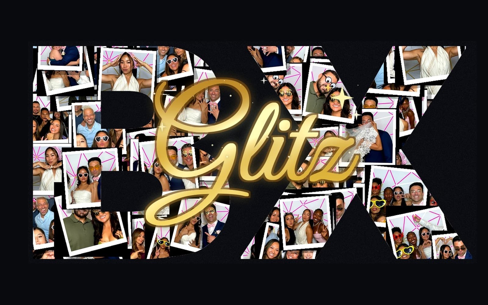 GLITZBX in action: live photobooth energy beside branded 2×6 print strips guests take home